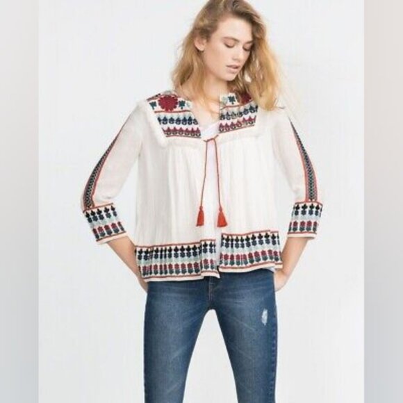 Zara Boho Gypsy Hippie Lagenlook Coastal Folk Art Coquette Traditional Blouse S - Picture 1 of 10